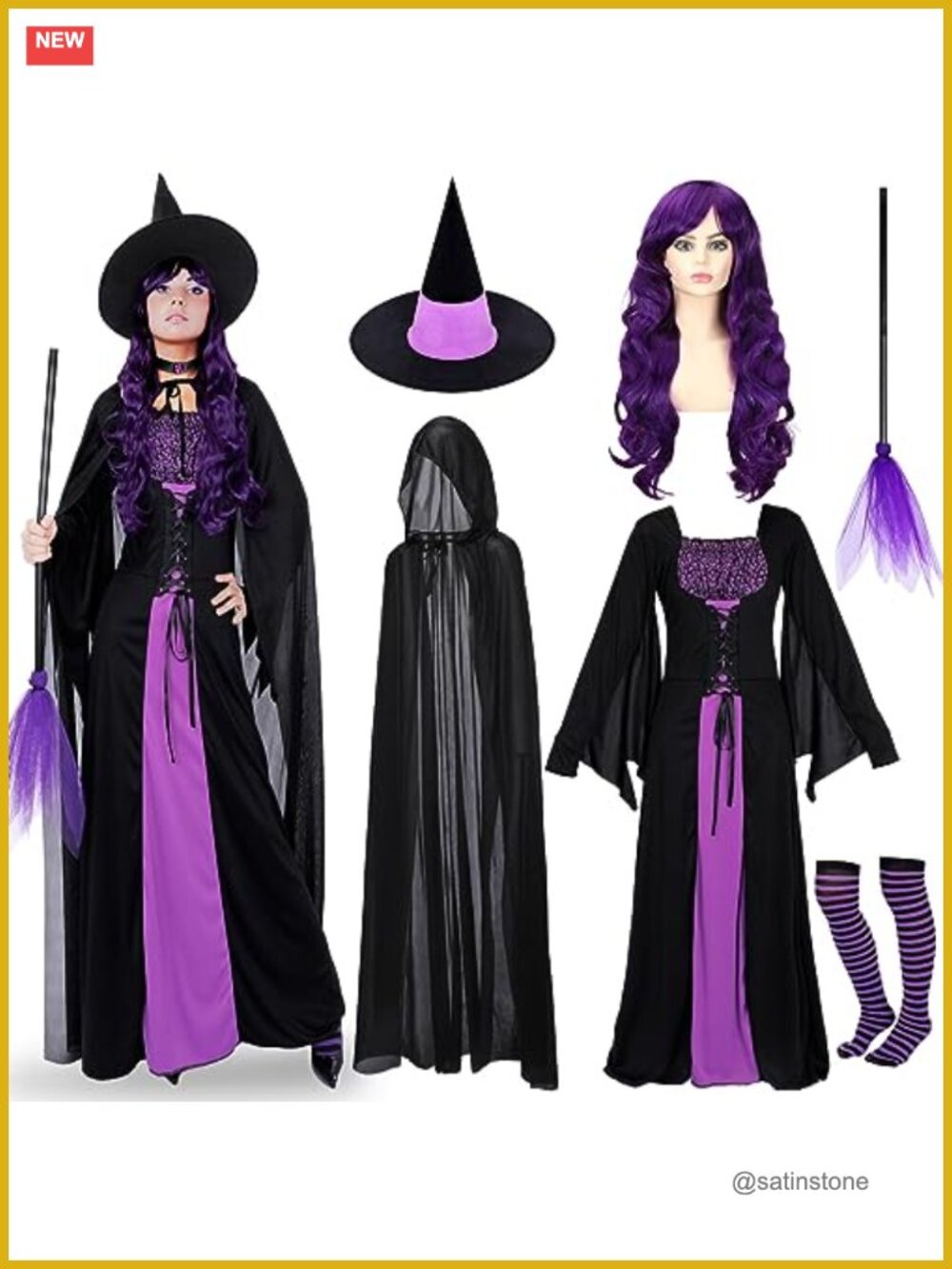 7 Pc Women's Witch Costume Set Dress Cloak Hat Wig Broom Halloween